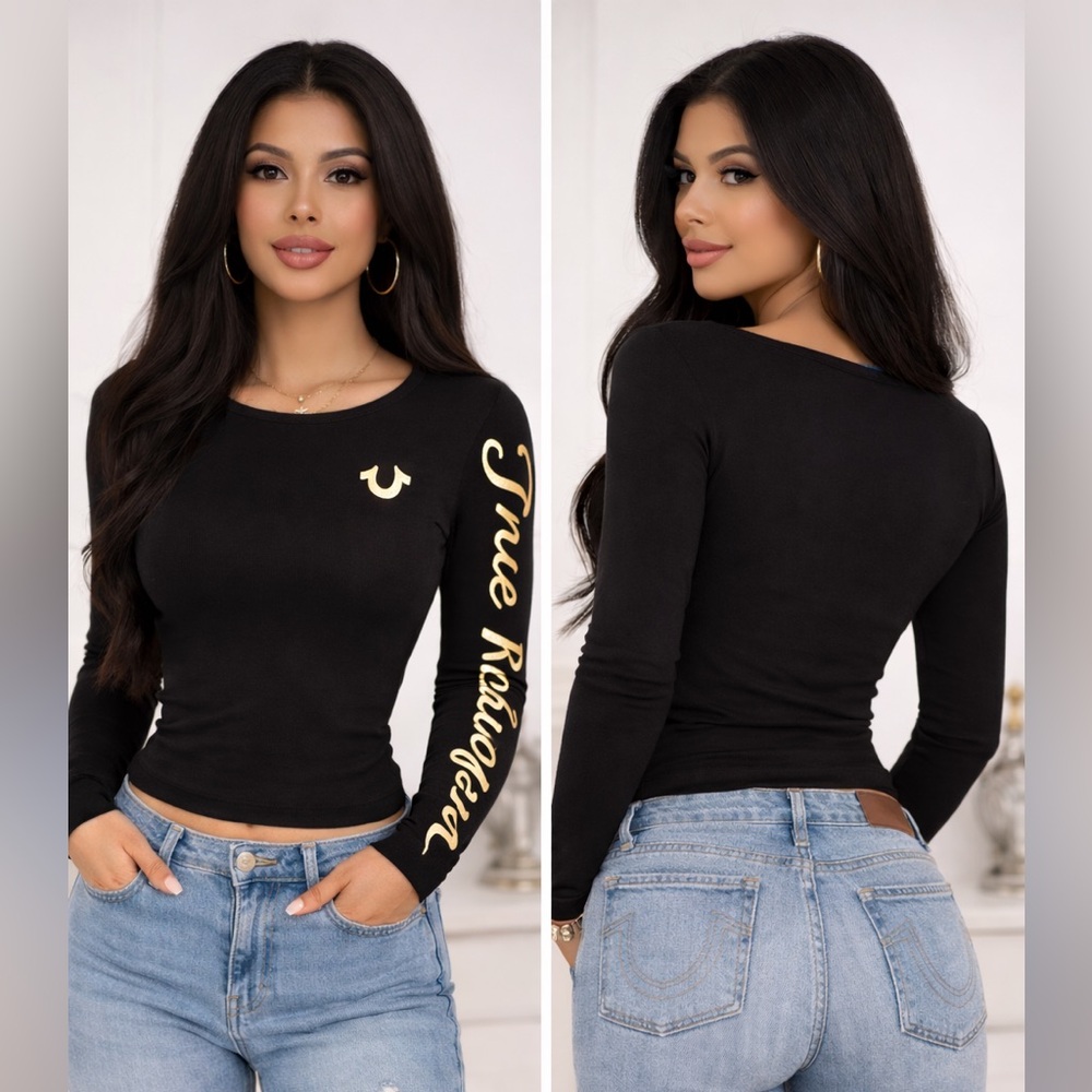 True Religion Women's Black and Gold Long Sleeve Tee SM